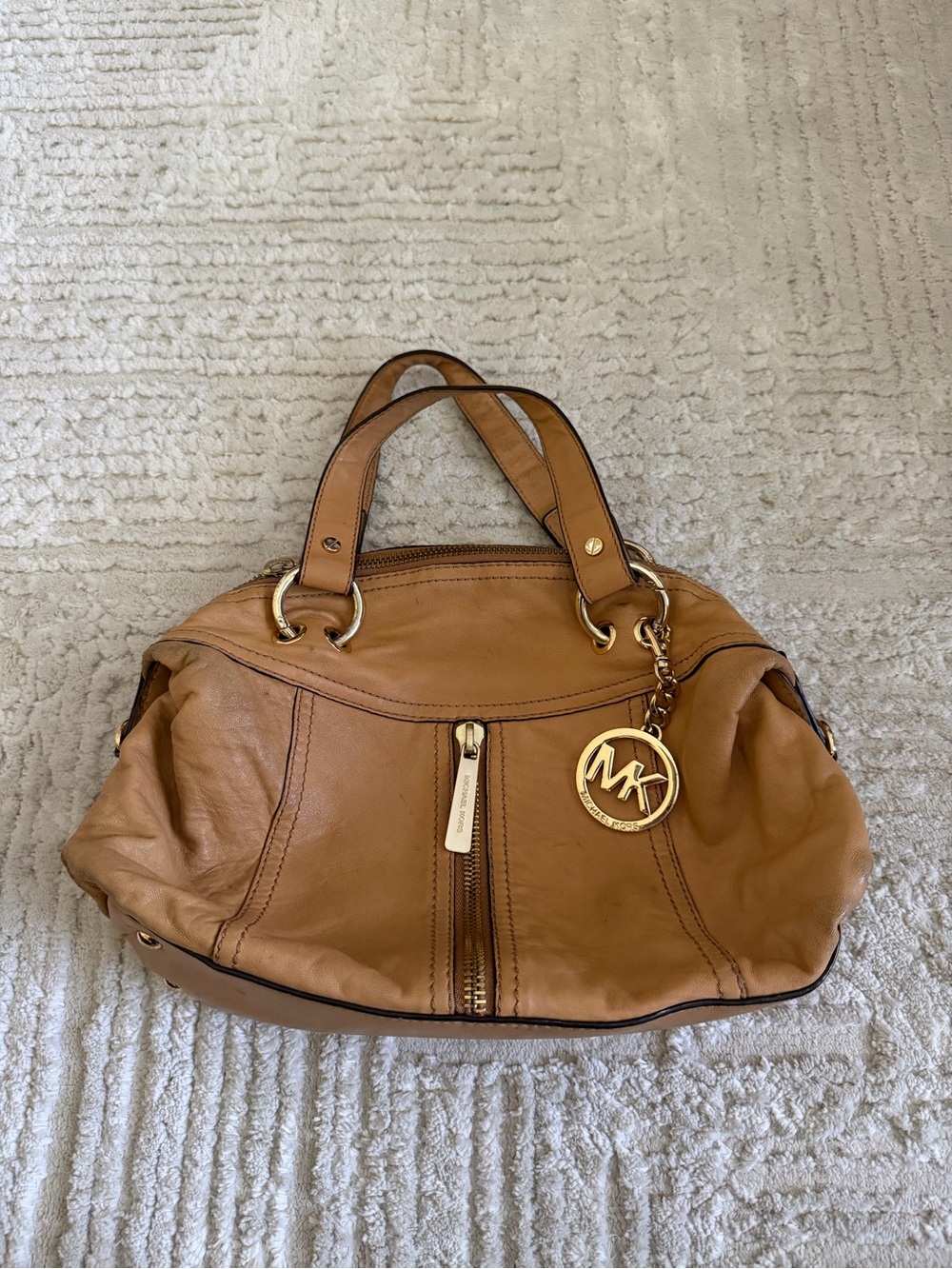 Michael Kors Cognac Leather Satchel with Gold MK Charm
